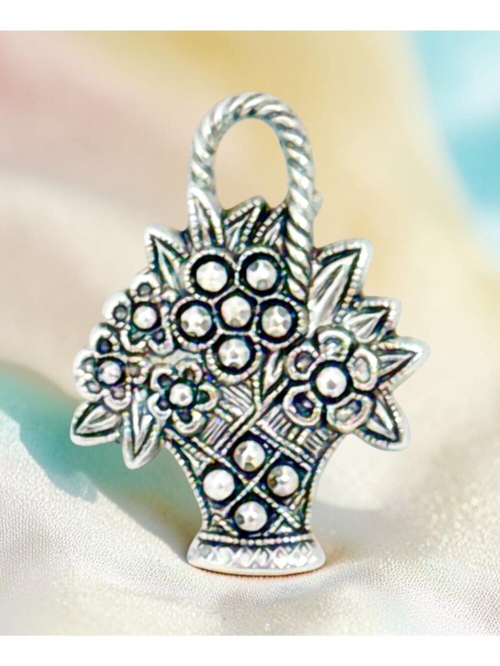 Vintage 80s Signed Avon Flower Basket Pin Silver Tone Faux Marcasite Floral